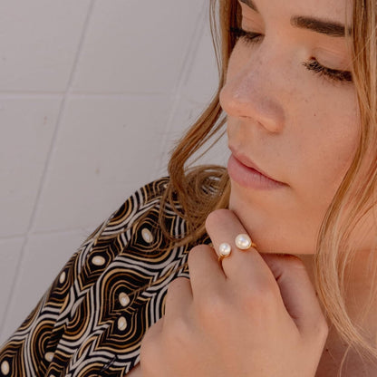 18K Gold Plated Freshwater Cultured Pearl Ring Gold Knuckle Rings Two Pearls Open Midi Ring Open Cuff Wrap Band