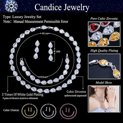 CANDICE Classic Zirconia Wedding Jewelry Sets For Bridal Luxury Teardrop CZ Stone White Gold Plated Party Chocker Necklace Earrings and Bracelet Set