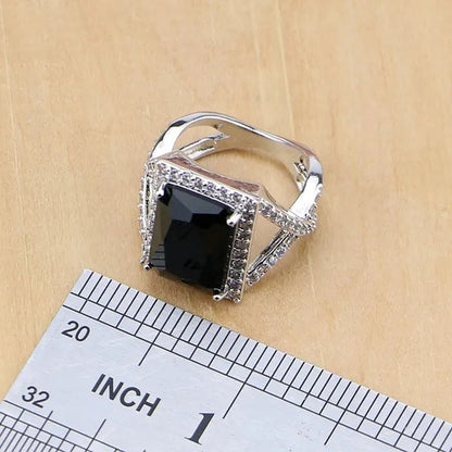 Women 925 Sterling Silver Jewelry Black Sapphire White Birthstones Jewelry Set Wedding Earrings/Pendant/Necklace/Ring