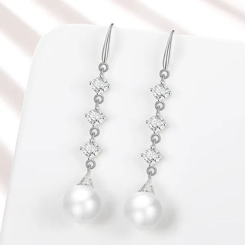 High Quality Temperament White Pearl Eardrop Earrings 925 Sterling Silver Long Earhook White Zircon Ear Jewelry