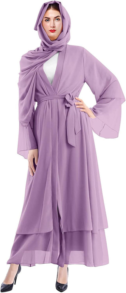 Muslim Abaya Dress for Women - Long Sleeve Islamic Dubai Abaya Cardigan Robe - Middle East Prayer Dress with Hijab
