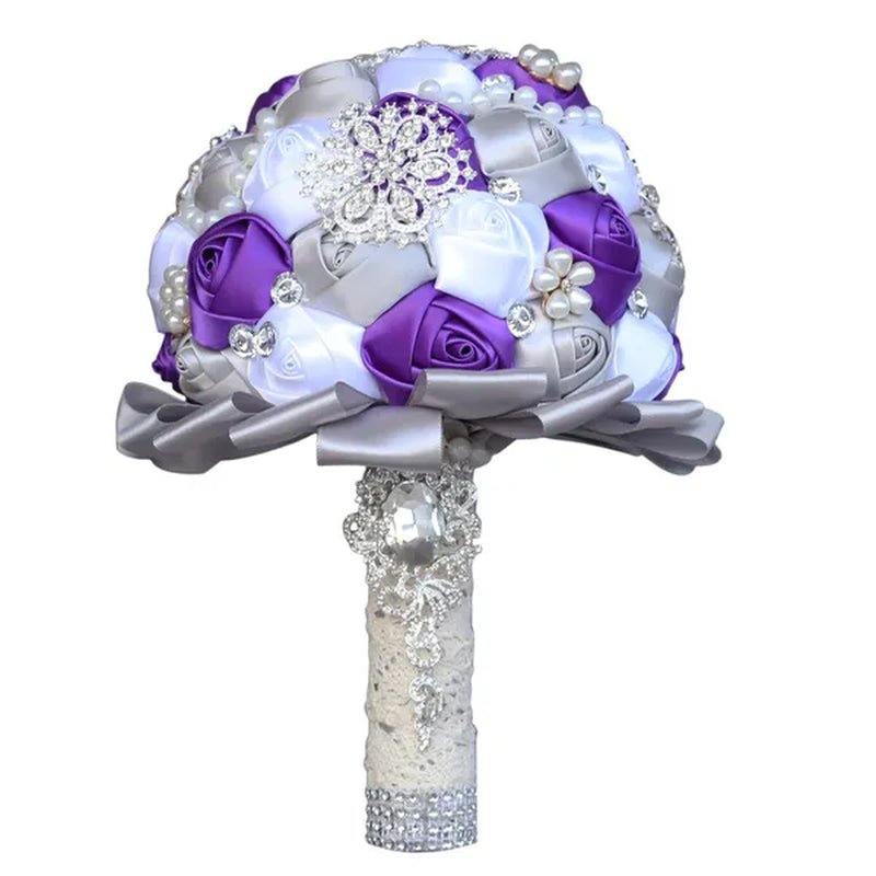 20CM Mixed Color Silk Ribbon Rose Wedding Flower Bouquet Luxury Pearl Crystal Brooch Bridal Bouquet Handmade Creative Bridesmaid Holding Flowers