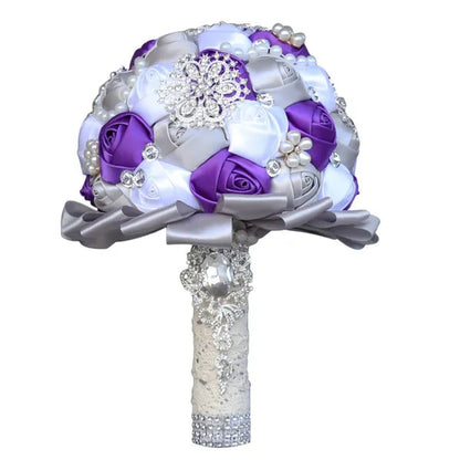 20CM Mixed Color Silk Ribbon Rose Wedding Flower Bouquet Luxury Pearl Crystal Brooch Bridal Bouquet Handmade Creative Bridesmaid Holding Flowers