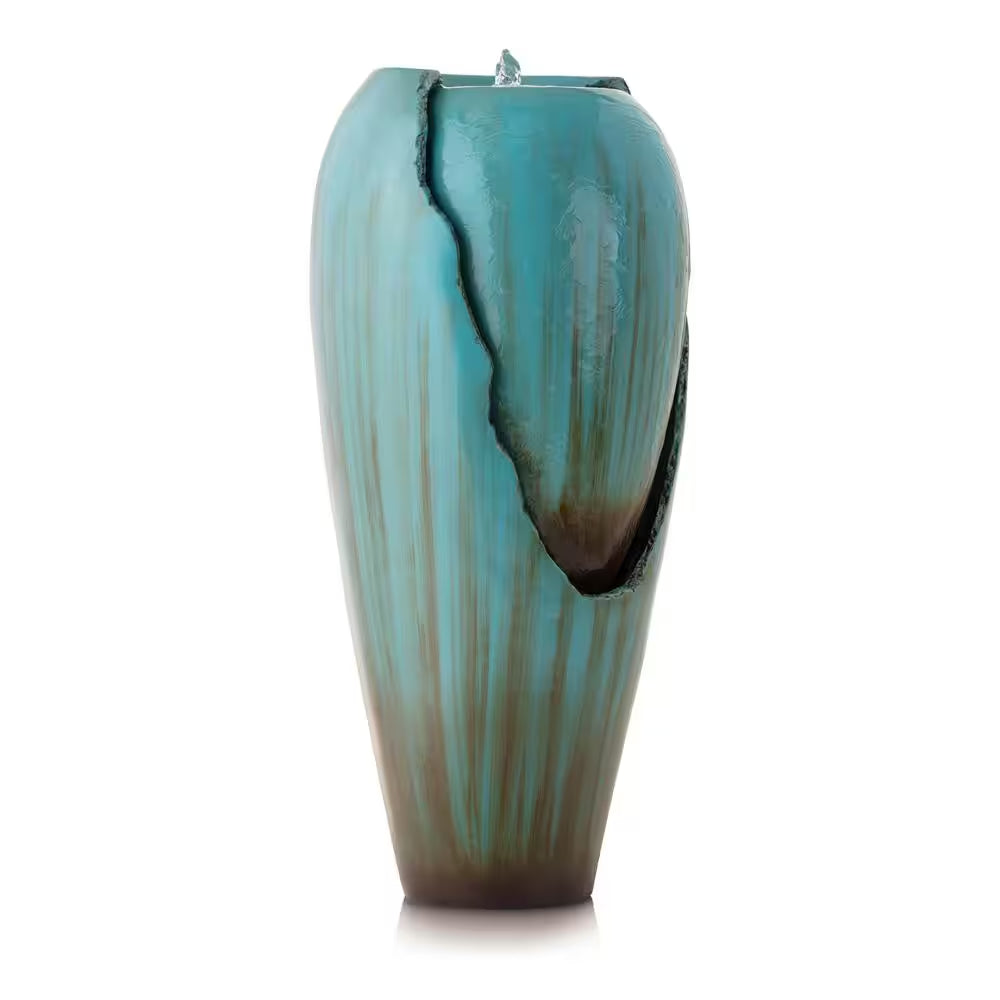 33 In. Tall Water Jar Fountain with LED Light, Turquoise