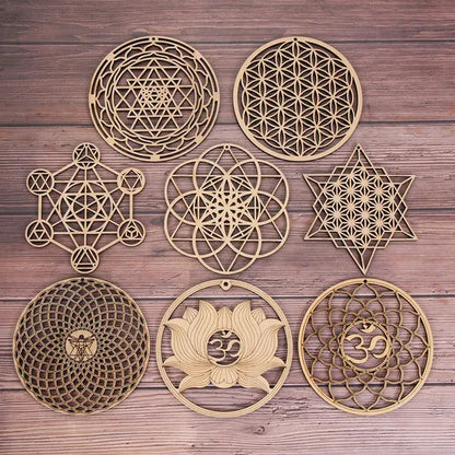 1 PC Making Sacred Geometry Ornament Laser Cut Handmade Coasters Wood Wall Art Home Decor Wooden Wall Sign Flower Of Life Energy Mat Flower of Life Shape Slice Wood Base