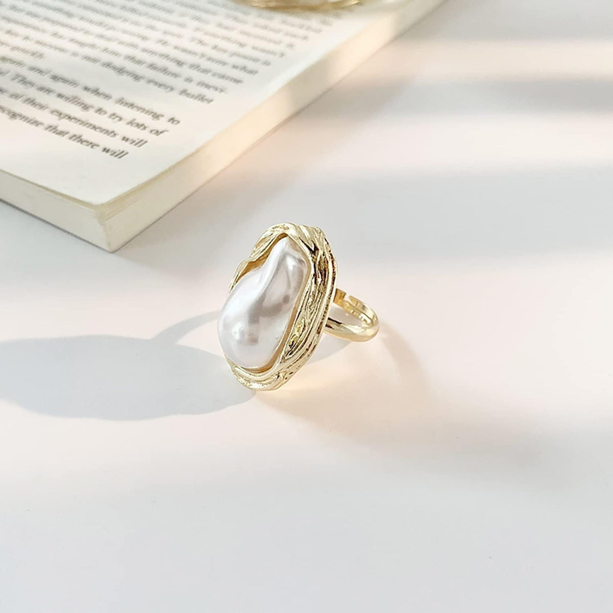 Baroque 18K Gold Pearl Statement Ring - Adjustable Chunky Pearl Wedding Jewelry for Women
