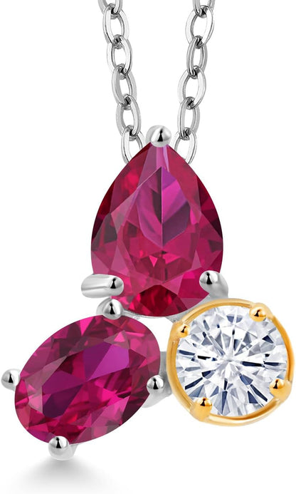 925 Silver and 10K Yellow Gold Created Ruby and Moissanite 3 Stone Pendant Necklace for Women | 2.60 Cttw | Gemstone July Birthstone | Pear Shape 8X6MM | Oval 7X5MM | round 5MM | with 18 Inch Chain