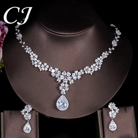 CANDICE High Quality Platinum Plating Wedding Party Costume Luxury CZ Stone Jewelry Flower Pendant Earrings Necklace Bridal Sets With Tear Drop Zirconia
