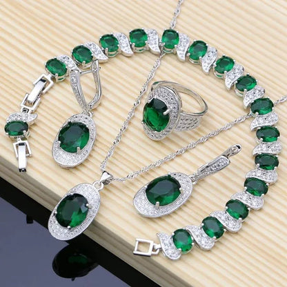 Big Natural Green Emerald 925 Sterling Silver Jewelry Sets Wedding Women Stone Charm Jewelry Accessories