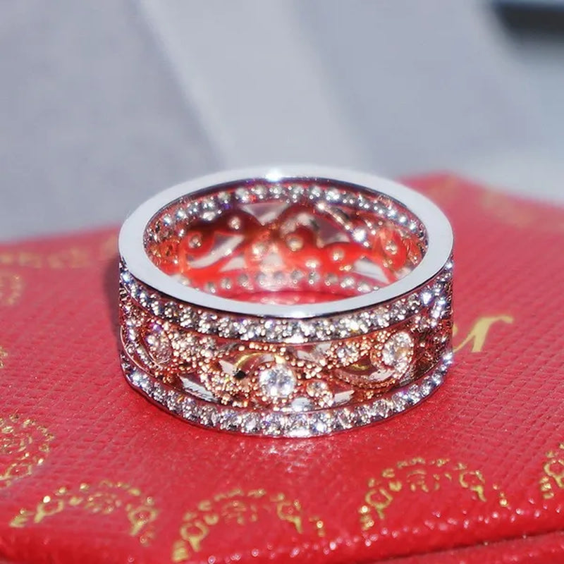 Rose Gold Plated Shiny CZ Flowers Wedding Band White Gold Plated Cubic Zirconia Promise Rings Eternity Jewelry for Women Party Black Friday Deals Fashion Gifts Size 6-9 Christmas & Valentine's Day Jewelry Gifts Vendredi Noir Bijoux