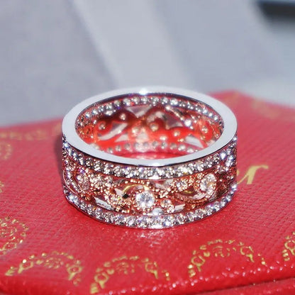 Rose Gold Plated Shiny CZ Flowers Wedding Band White Gold Plated Cubic Zirconia Promise Rings Eternity Jewelry for Women Party Black Friday Deals Fashion Gifts Size 6-9 Christmas & Valentine's Day Jewelry Gifts Vendredi Noir Bijoux
