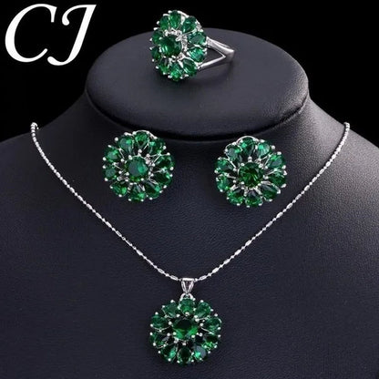 CANDICE Elegant Flower Jewelry Set Paved Green Stones Fashion Sterling Silver Plated Pendant Necklace Earrings Ring Sets