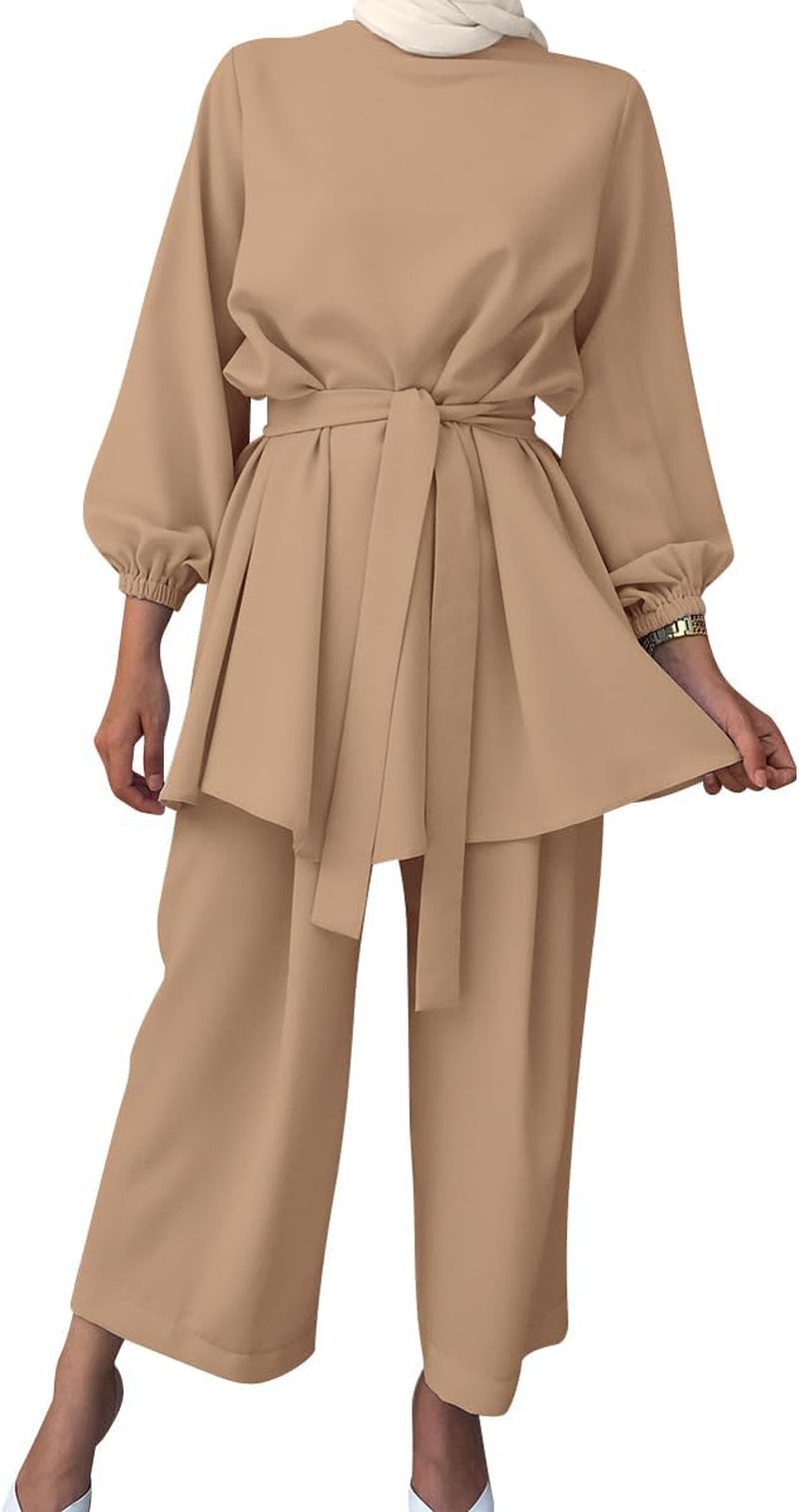 Abayas for Women Muslim Long Sleeve Loose Top Pants 2 Pcs Dubai Islamic Muslim Clothes