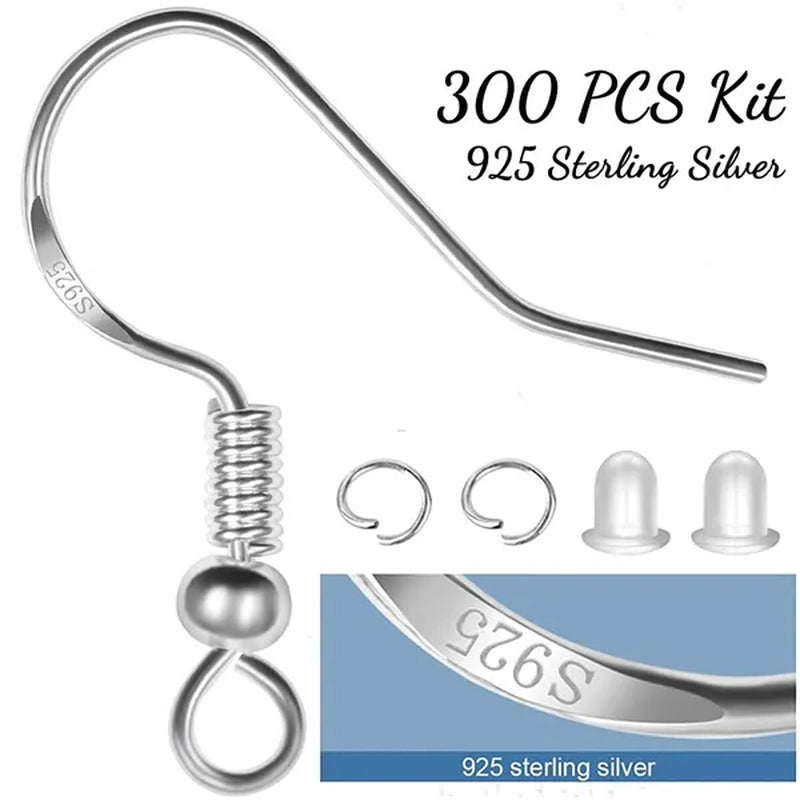 925 Sterling Silver Earring Hooks, 300PCS Earring Hooks Kit - 100PCS Hypoallergenic Earring Hooks for Jewelry Making with 100PCS Open Jump Rings and 100PCS Rubber Earring Backs