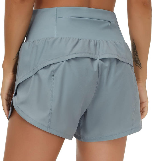 Womens High Waisted Running Shorts Quick Dry Athletic Workout Shorts with Mesh Liner Zipper Pockets