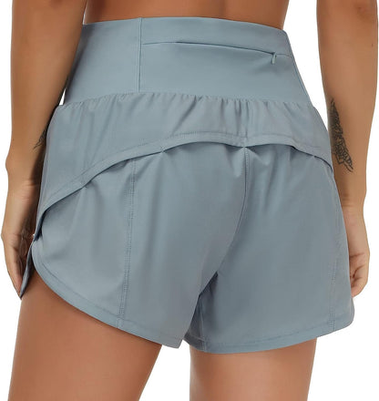 Womens High Waisted Running Shorts Quick Dry Athletic Workout Shorts with Mesh Liner Zipper Pockets