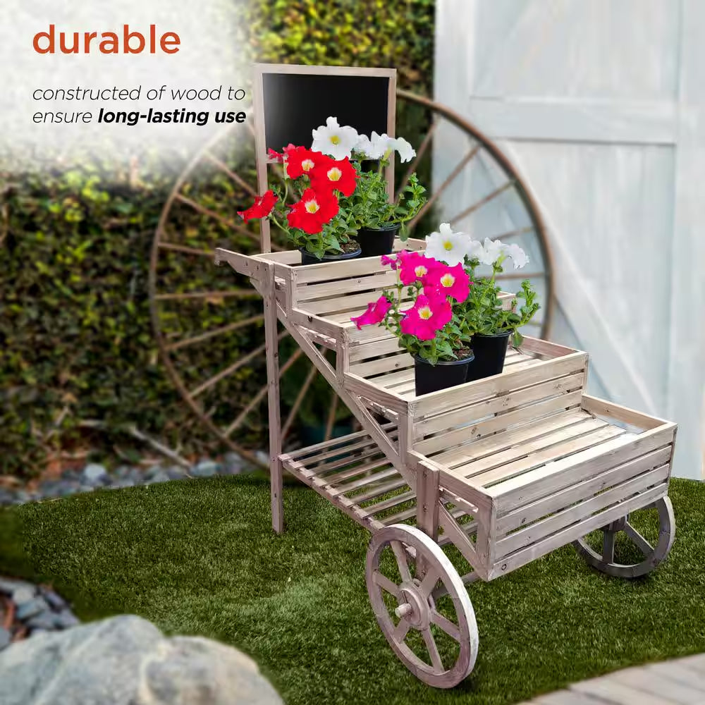 59 In. Tall Indoor/Outdoor Wooden Cart Plant and Display Stand with Chalkboard