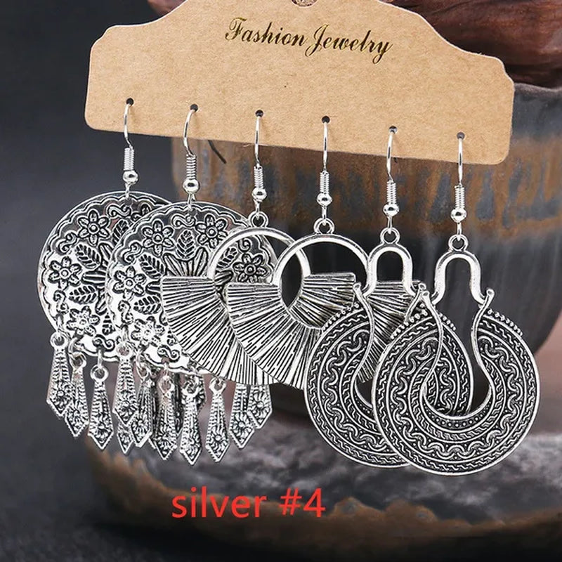 3 Pairs Women's Fashion Jewelry Vintage Bohemian Ethnic Carved Dangle Earrings for Women Charm Geometry Leaves Hoop Earring Wedding Engagement Party Banquet Earrings