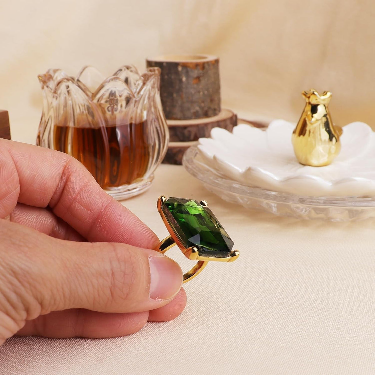 Gold Exaggerated Emerald CZ Crystal Rings for Women, Statement Costume Jewelry Gift