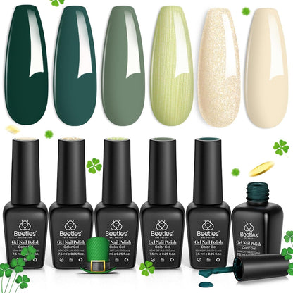 Beetles Gel Nail Polish Kit 6 Colors Green Gel Nail Polish Glitter Pearl Gel Nail Polish Spring Gel Polish Soak off Uv LED Nail Lamp Gel Nail Kit DIY Home Nail Manicure Easter Gel Nail Polish