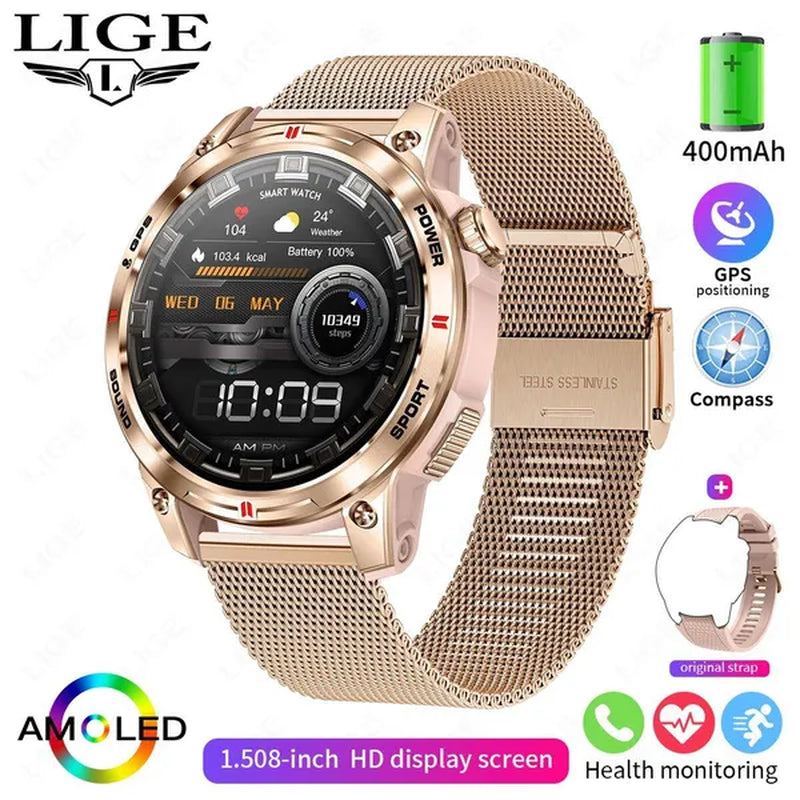 LIGE GPS 100+ Sport Modes Smart Watch Men Compass Military With LED Flashlight Bluetooth Call Sport Tracker IP68 Waterproof Smartwatch For Women Android IOS