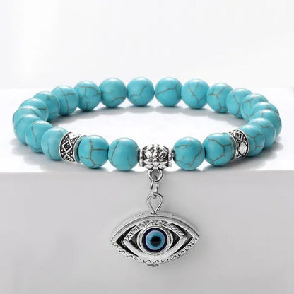 Turkey Evil Eye Beaded Bracelets Butterfly Buddhist Palm Hand Owl Turtle Alloy Pendant Bracelet Women Men Lucky Stretch Bangles Jewelry