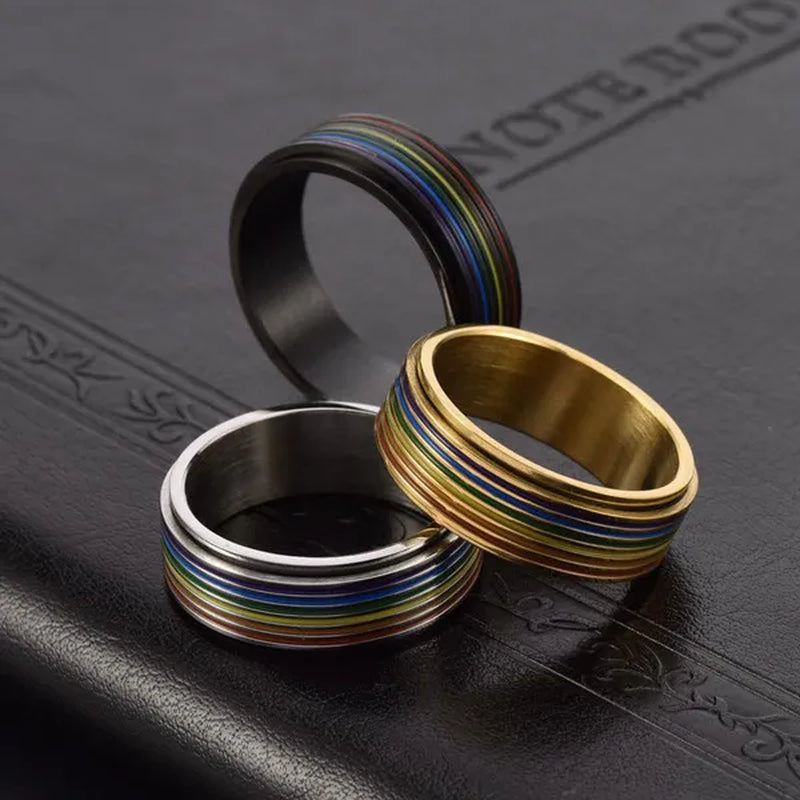 Women Men Multicolor Stripes of Rainbow Stainless Steel Spinner Ring Gay Lesbian LGBT Pride Rings Engagement & Wedding Band Valentines Gift Silver / Gold / Black Size 6-12