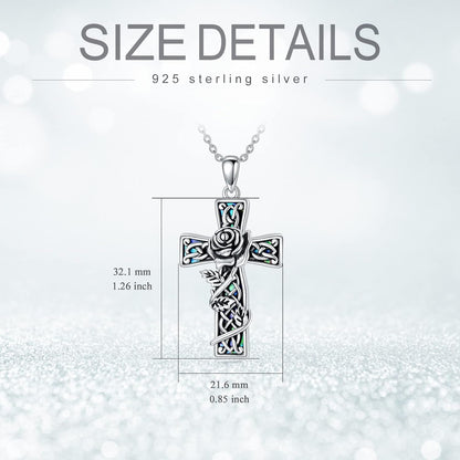 Cross Pendant Necklace with Abalone Shell, Silver Rose Flower Cross Necklace Gift for Women