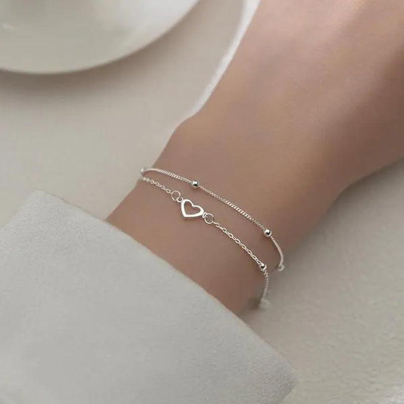 925 Sterling Silver Double Love Heart Hollow Round Beads Bracelet Female Fashion Romantic Jewelry Classic Adjustable