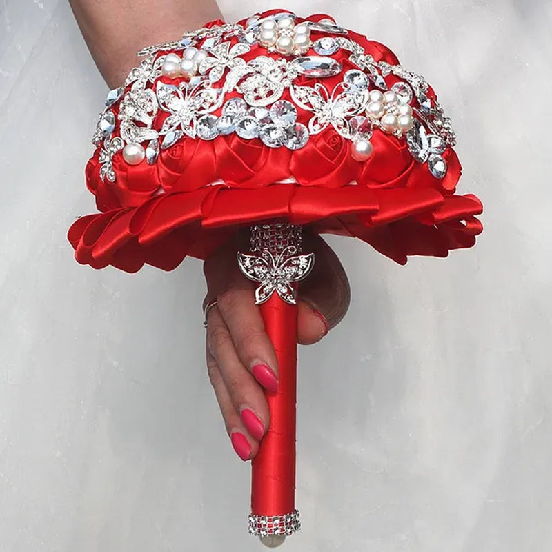 18CM Fine Red Artificial Fake Flower Rose Wedding Bouquet Butterfly Diamonds Pearl Flowers brooch Bride Holding Flowers Bridesmaid Bouquet Wedding Flowers