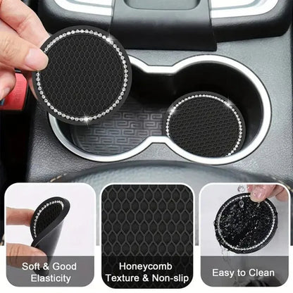 1Pc/2Pcs Car Cup Coaster, Crystal Rhinestone Car Interior Accessories, Easy To Clean, Non-Slip, Heat Resistant, Universal 7cm Anti-Slip Silicone Cup Holder Coasters For Car, Cute Vehicle Interior Decor