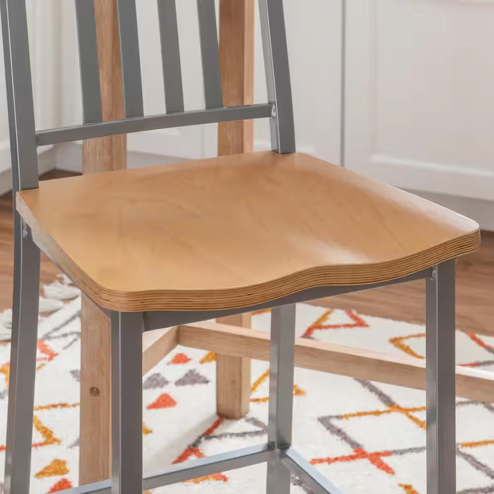 Washington 30 In. Silver Slat Back Metal Bar Stool with Wood Seat Set of 2