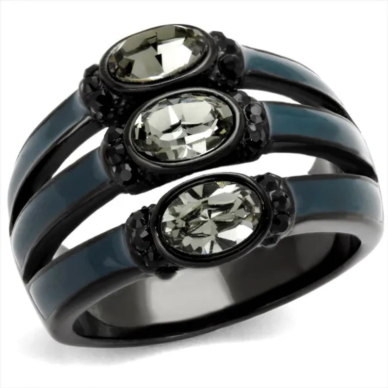 Black & Blue IP Stainless Steel Black Diamond Crystal Fashion Ring Women Size 5-10