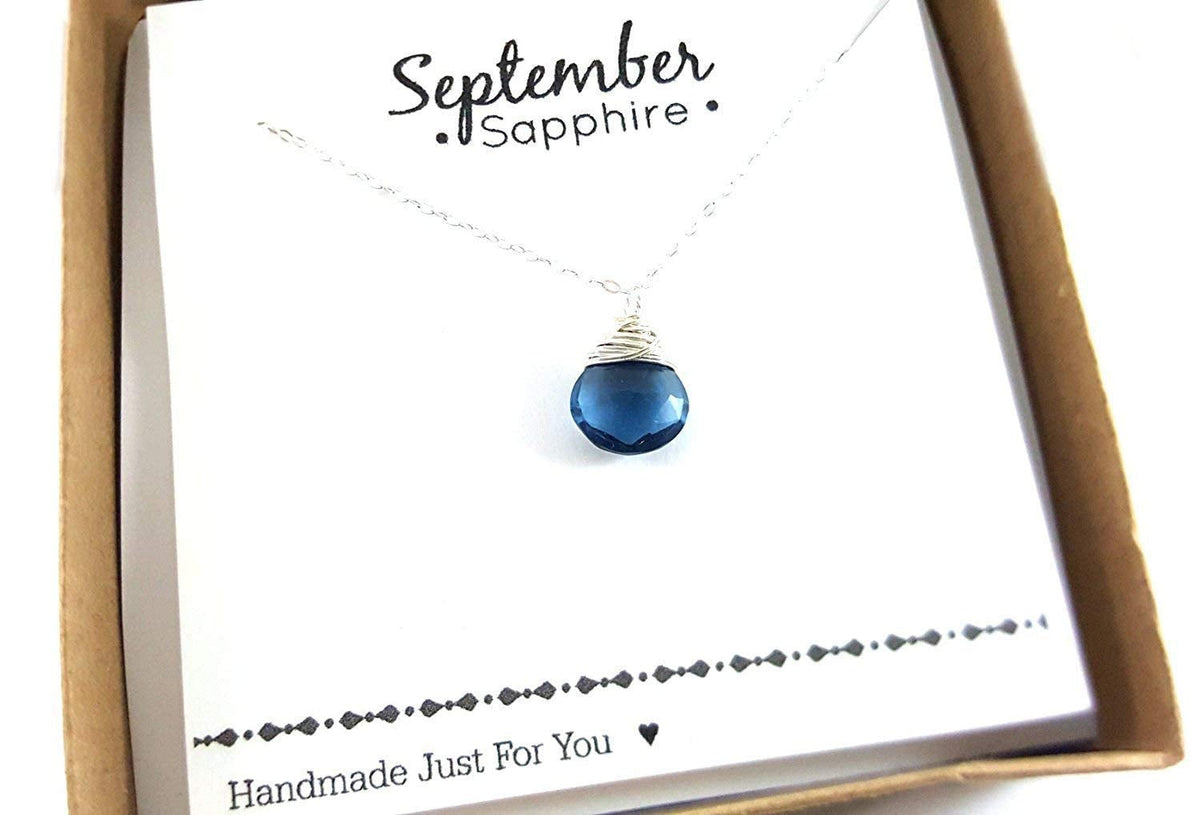 September Birthstone Sapphire Quartz Necklace - Sterling Silver Briolette Teardrop Jewelry - Gift for Her