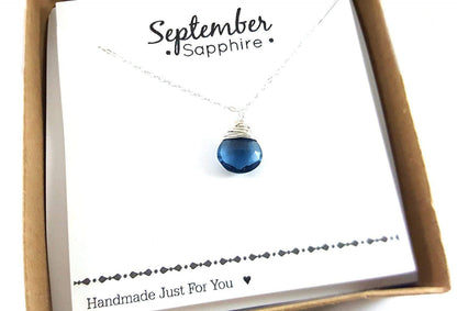 September Birthstone Sapphire Quartz Necklace - Sterling Silver Briolette Teardrop Jewelry - Gift for Her
