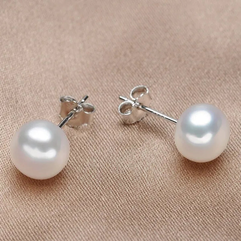 Trendy Simple 925 Sterling Silver with Natural Freshwater Pearl Necklace and Stud Earrings Jewelry Set for Women