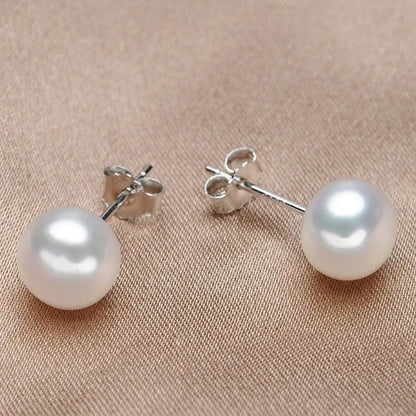 Trendy Simple 925 Sterling Silver with Natural Freshwater Pearl Necklace and Stud Earrings Jewelry Set for Women