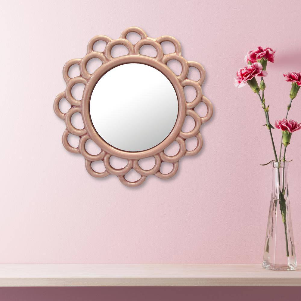 9 In. X 9 In. Decorative round Pink Dusty Rose Cutout Ceramic Wall Hanging Mirror