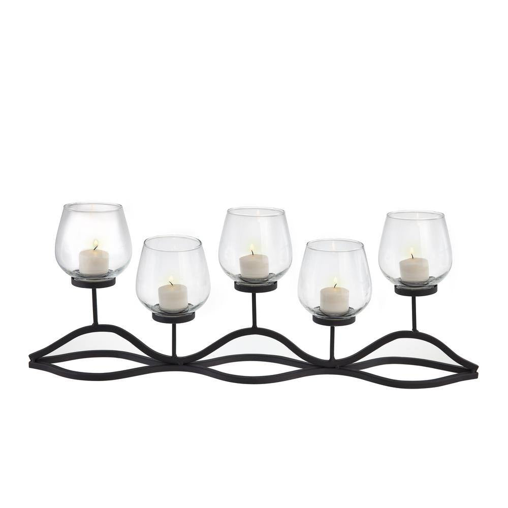 Wavy Black Iron Multiple Candle Holder with Glass Hurricane Cups