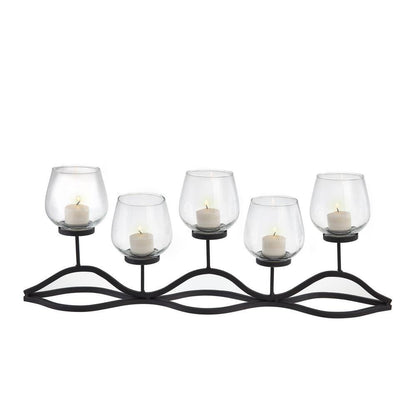 Wavy Black Iron Multiple Candle Holder with Glass Hurricane Cups