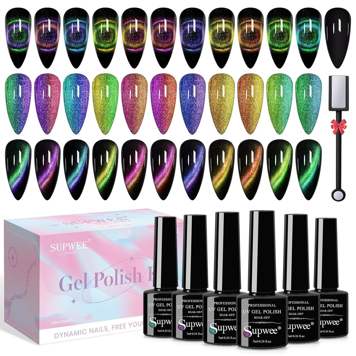 Reflective Cat Eye Gel Nail Polish Sparkling Holographic Magnetic Nail Polish Gel 9D Cateye Gel Polish Set 12 Colors with Magnet for Home DIY Manicure Nail Salon