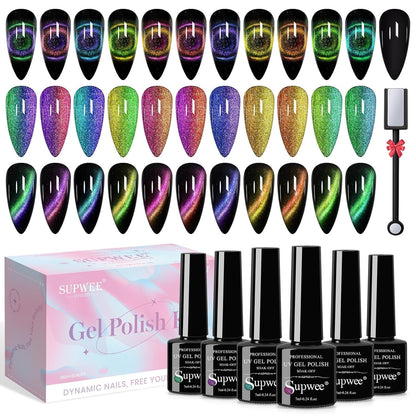 Reflective Cat Eye Gel Nail Polish Sparkling Holographic Magnetic Nail Polish Gel 9D Cateye Gel Polish Set 12 Colors with Magnet for Home DIY Manicure Nail Salon