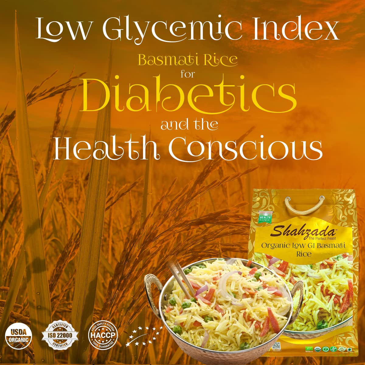 Diabetic Friendly, Specially Processed Basmati Rice 10 Lbs | Low G.I. Index Value, 100% USDA ORGANIC Certified Rice, Extra Long Grain, Vegan NON-GMO, Vegan, Gluten, Soy, Egg Free, Resealable Zip-Lock Bag to Seal Freshness-Tradition of Quality |10 Pound Pa
