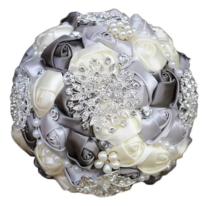 20CM Mixed Color Silk Ribbon Rose Wedding Flower Bouquet Luxury Pearl Crystal Brooch Bridal Bouquet Handmade Creative Bridesmaid Holding Flowers