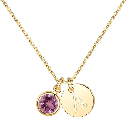 Initial Birthstone Necklace for Girls Women, 14K Gold Plated Disc Initial Necklace Jewelry Gifts Birthstone Necklace Personalized Initial Birthstone Necklace Birthday Gifts