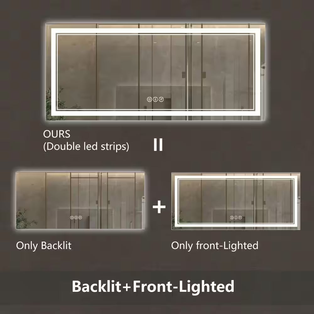 72 In. W X 32 In. H Oversized Rectangular Frameless Anti-Fog Wall Bathroom Vanity Mirror in Silver