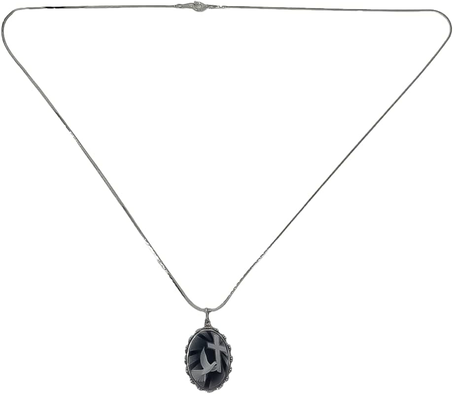Dove with Cross Cameo Pendant | 925 Sterling Silver | Religious Jewelry | 24'' Chain | Gift Boxed, Silver, White