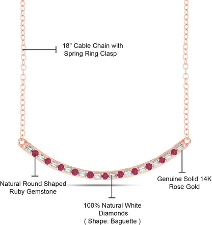 1/8Cttw Baguette and round Gemstone Necklace for Women, Diamond and Gemstone Bar Necklace in 14K Yellow, Rose or White Gold, Women'S Curved Line Necklace in Choice of Four Natural Gemstones, 18" Chain