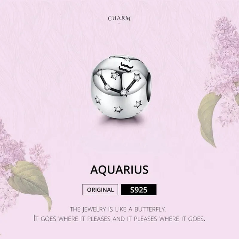 European Hot 12 Constellation Zodiac Round 925 Sterling Silver Beads Charm for Women Bracelet  Shining CZ Charm Fit Original Bangle Necklace DIY Jewelry Making