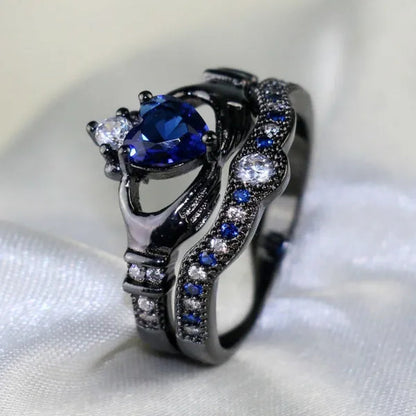 TWO Rings Couple Rings Sainless Steel Men's Ring Black Gold Filled Claddagh Ring Heart 1ct Sapphire Women's Wedding Ring Sets